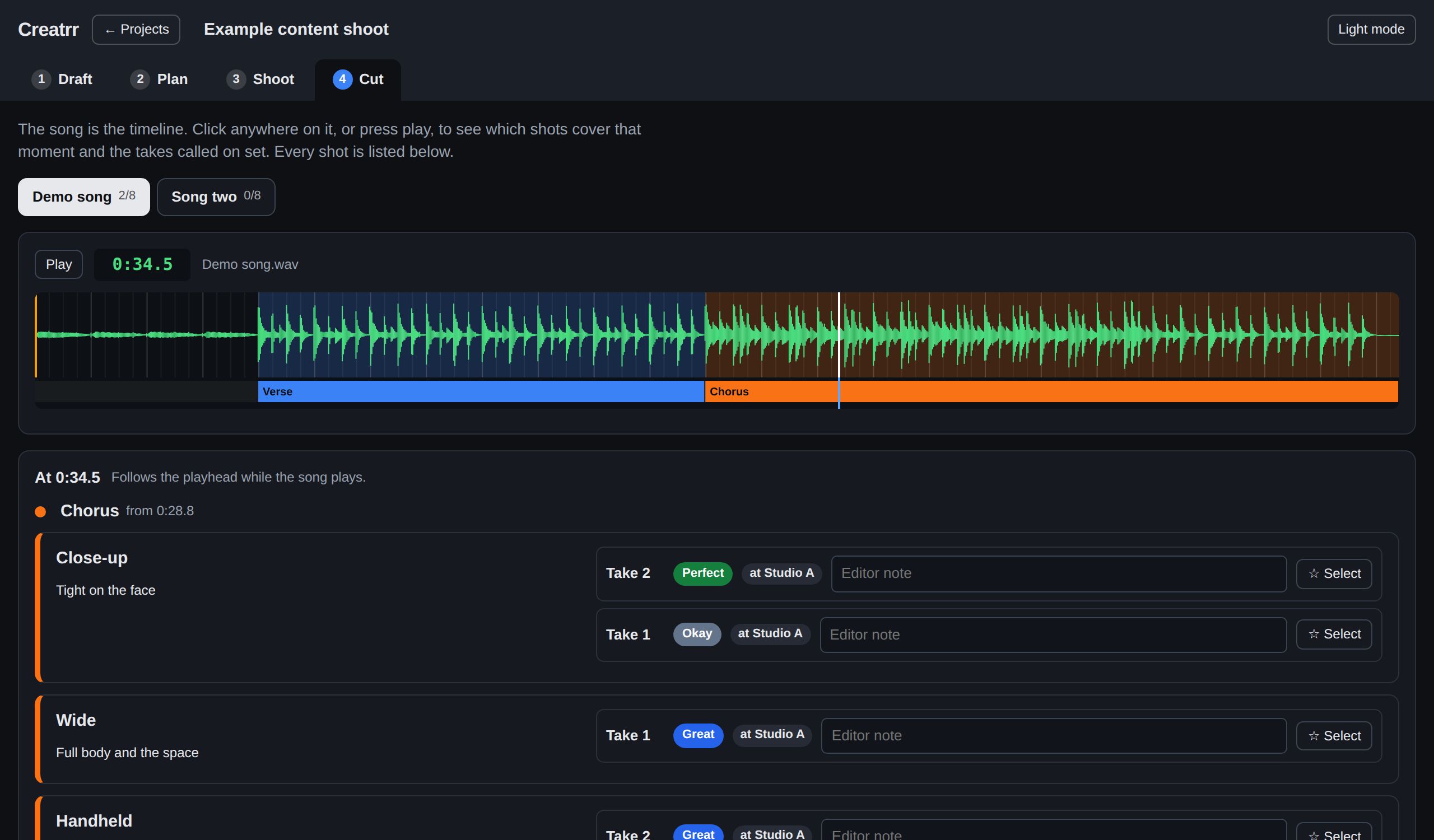Cut screen: song timeline with colored regions per part and the takes for the chorus sorted best first