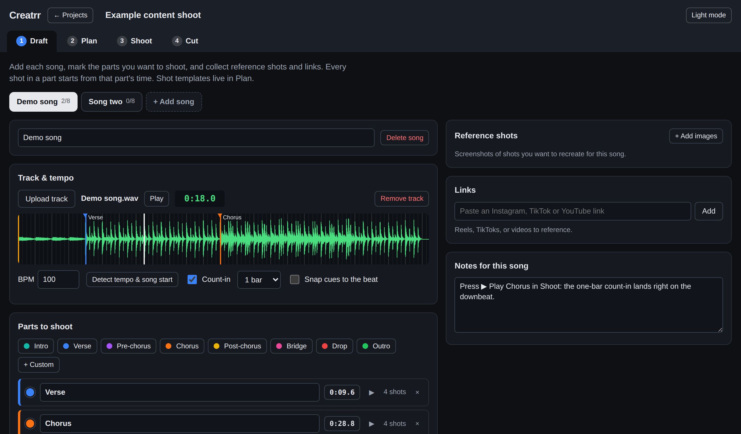 Draft screen: waveform with a beat grid and colored markers for Verse and Chorus, tempo detected at 100 BPM