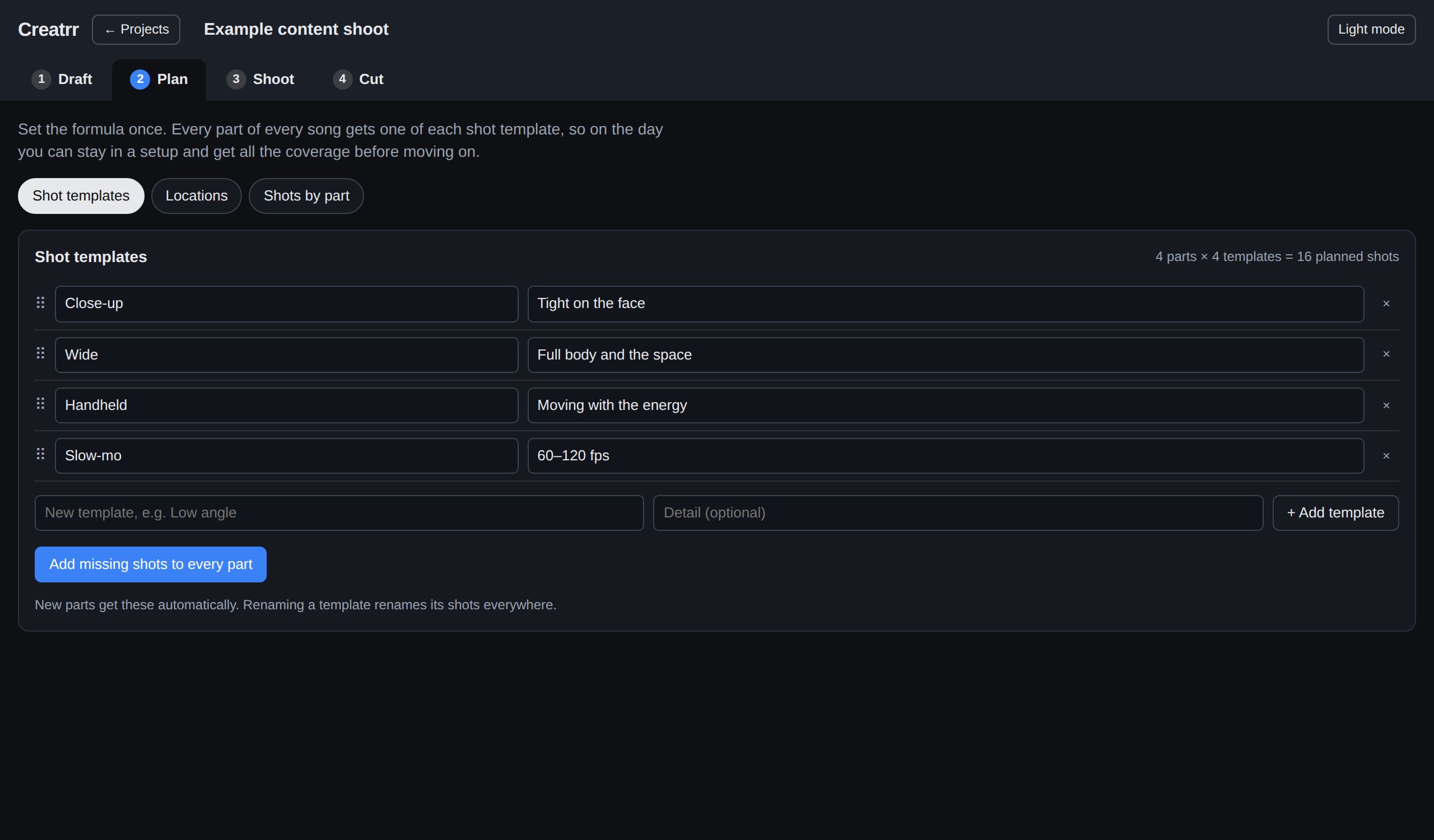 Plan screen: shot templates for Close-up, Wide, Handheld and Slow-mo applied to every song part