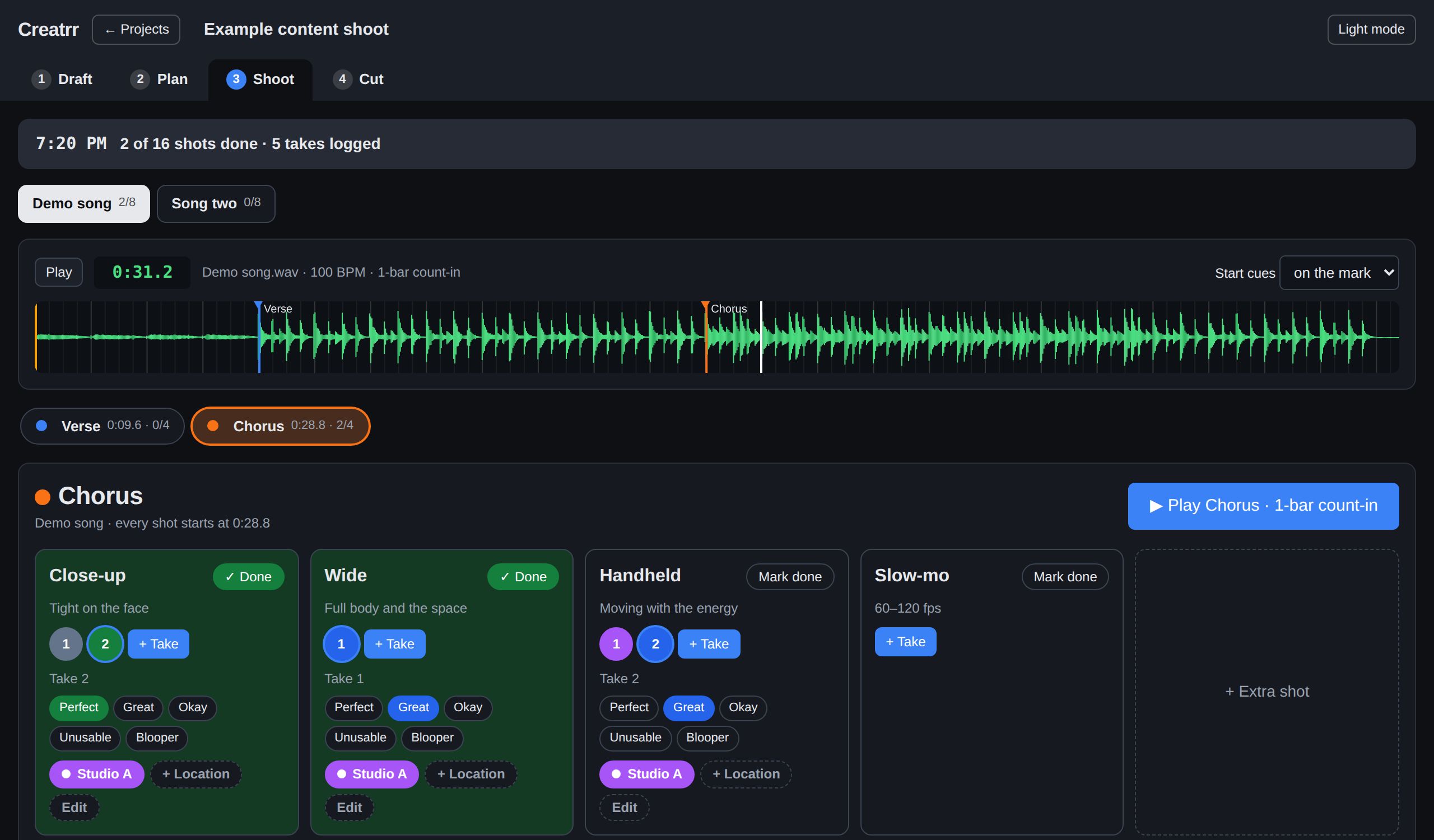 Creatrr's Shoot screen: a song waveform with colored parts, a Play Chorus button, and tiles for Close-up, Wide, Handheld and Slow-mo shots with rated takes